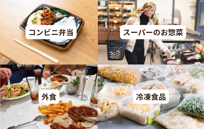 コンビニ弁当、スーパーのお惣菜、冷凍食品、外食の画像