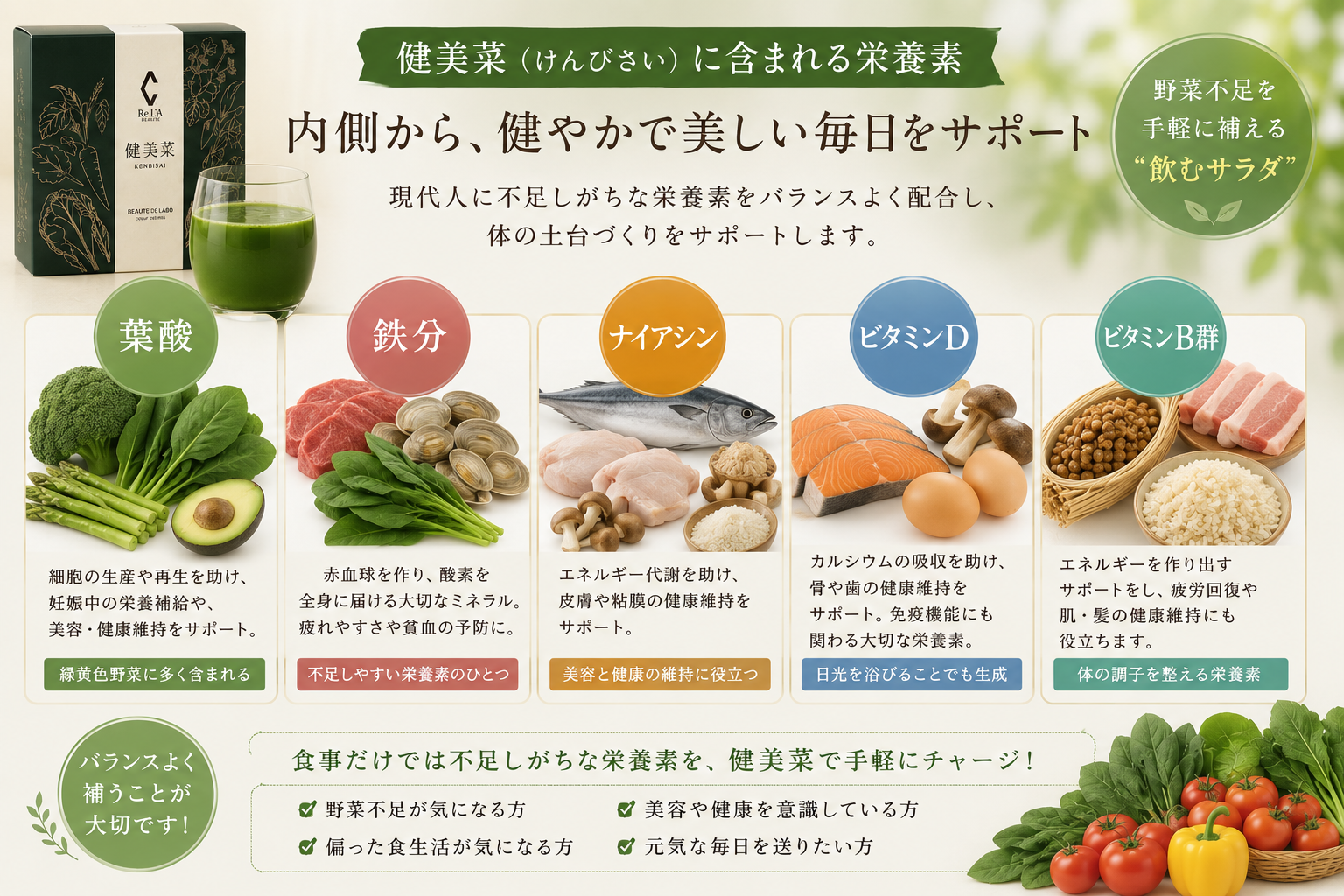 健美菜（けんびさい）に含まれる栄養素をまとめた画像