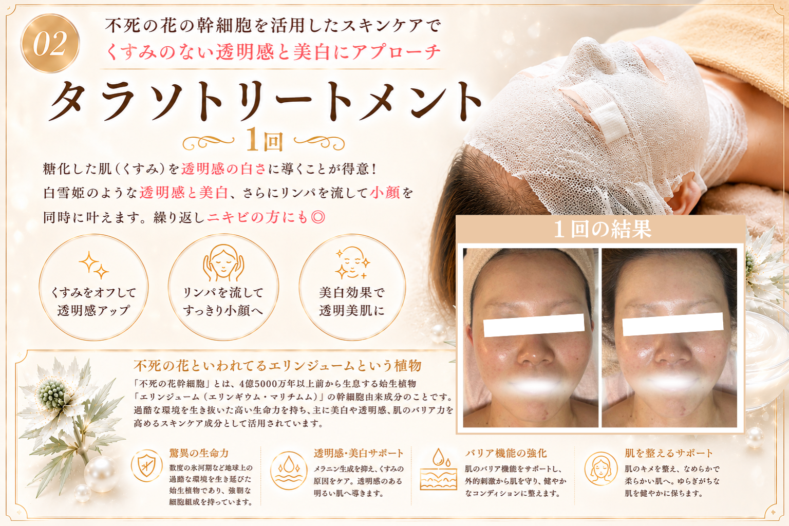 「タラソトリートメント」1回を実施。タラソトリートメントは、糖化した肌(くすみ)を透明感の白さに導くことが得意!白雪姫のような透明感と美白、さらにリンパを流して小顔を同時に叶えます。繰り返しニキビの方にも◎