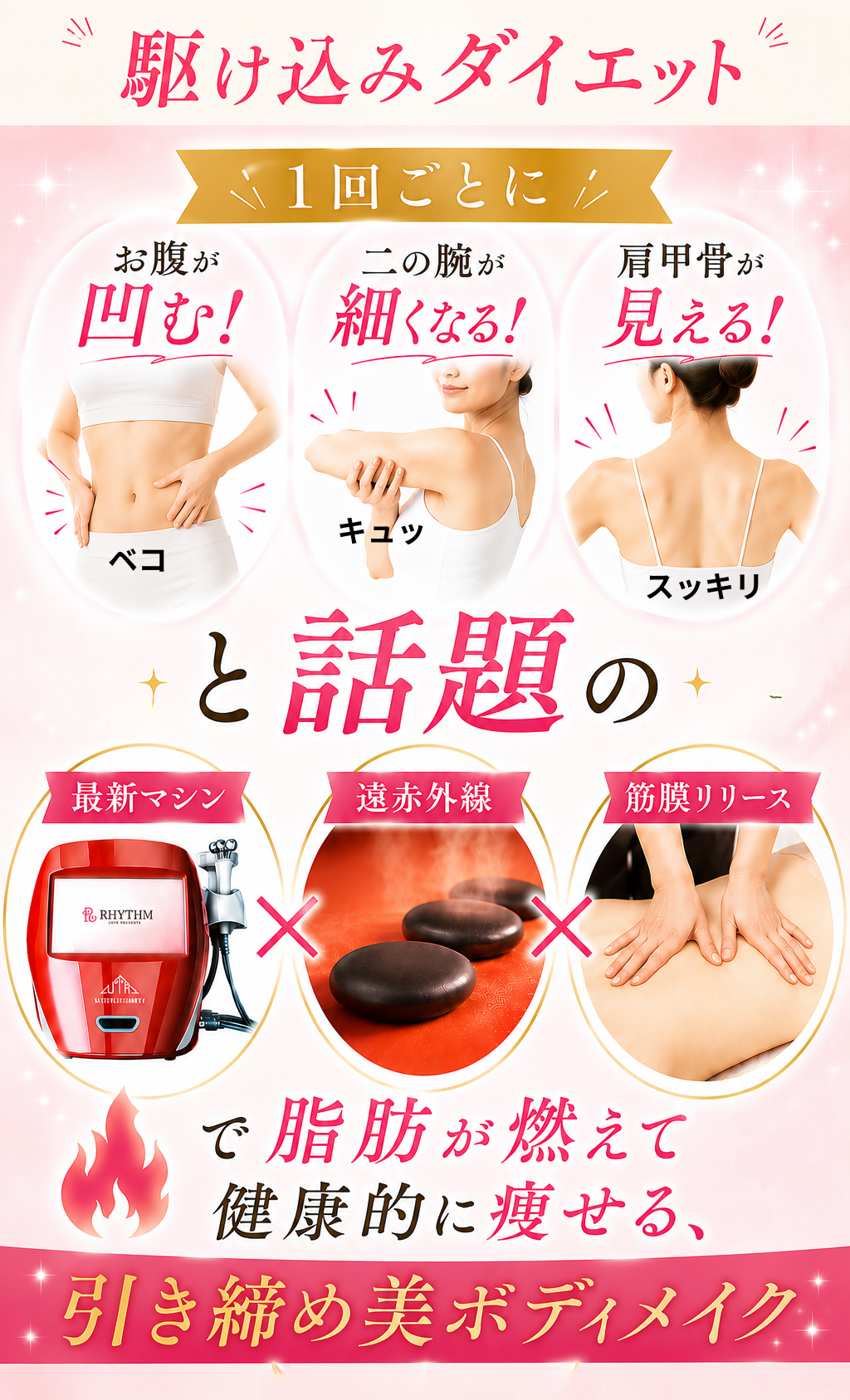 ヘッダー画像（【駆け込みダイエット】１回ごとにお腹が凹む・二の腕が細くなる・肩甲骨が見える）と話題の最新マシン×遠赤外線×筋膜リリースで健康的に痩せる、引き締め美ボディメイク）