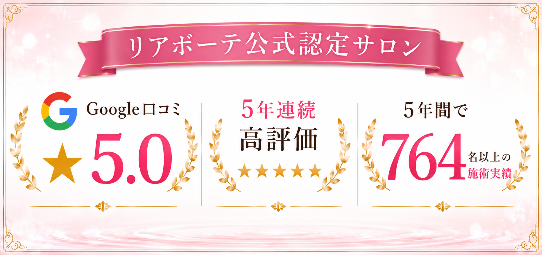 実績の画像（リアボーテ公式認定サロン Google口コミ ★5.0│5年連続高評価 5年間で764名以上の施術実績）