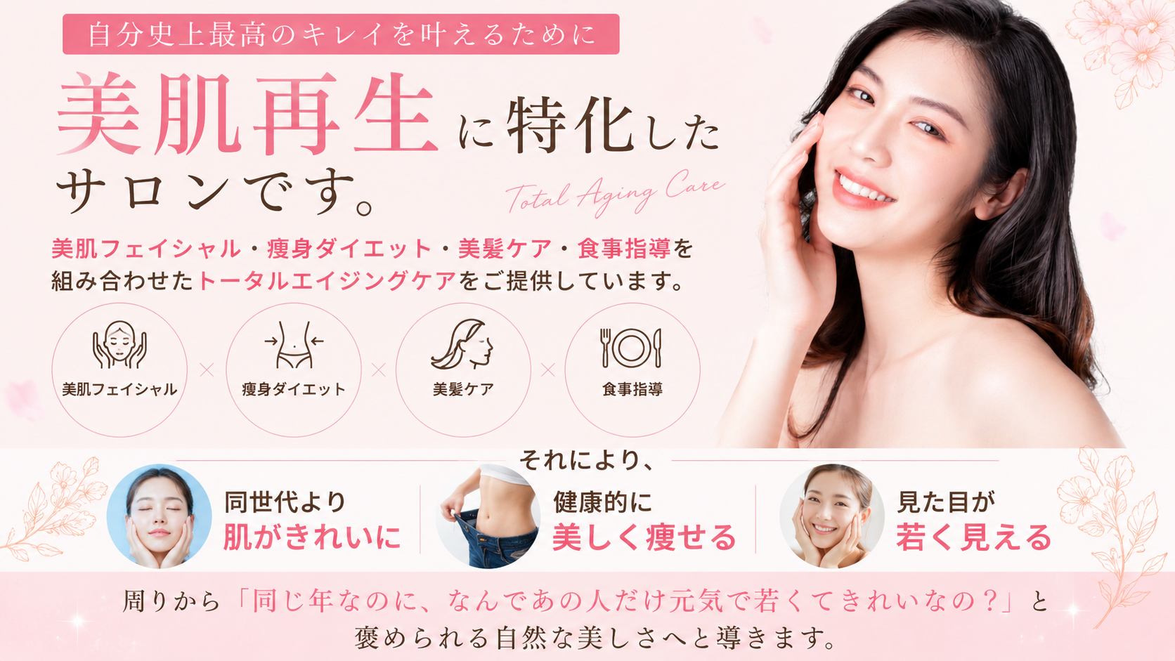 コンセプトの画像（当サロンは自分史上最高のキレイを引き出すために「美肌再生に特化」したサロンです。美肌フェイシャル・痩身ダイエット・美髪ケア・食事指導を組み合わせた トータルエイジングケアをご提供しています。 それにより、①同世代より肌がきれいに②健康的に美しく痩せる③見た目が若く見える。周りから「同じ年なのに、なんであの人だけ元気で若くてきれいなの？」と褒められる自然な美しさへと導きます。（パソコン用画像）