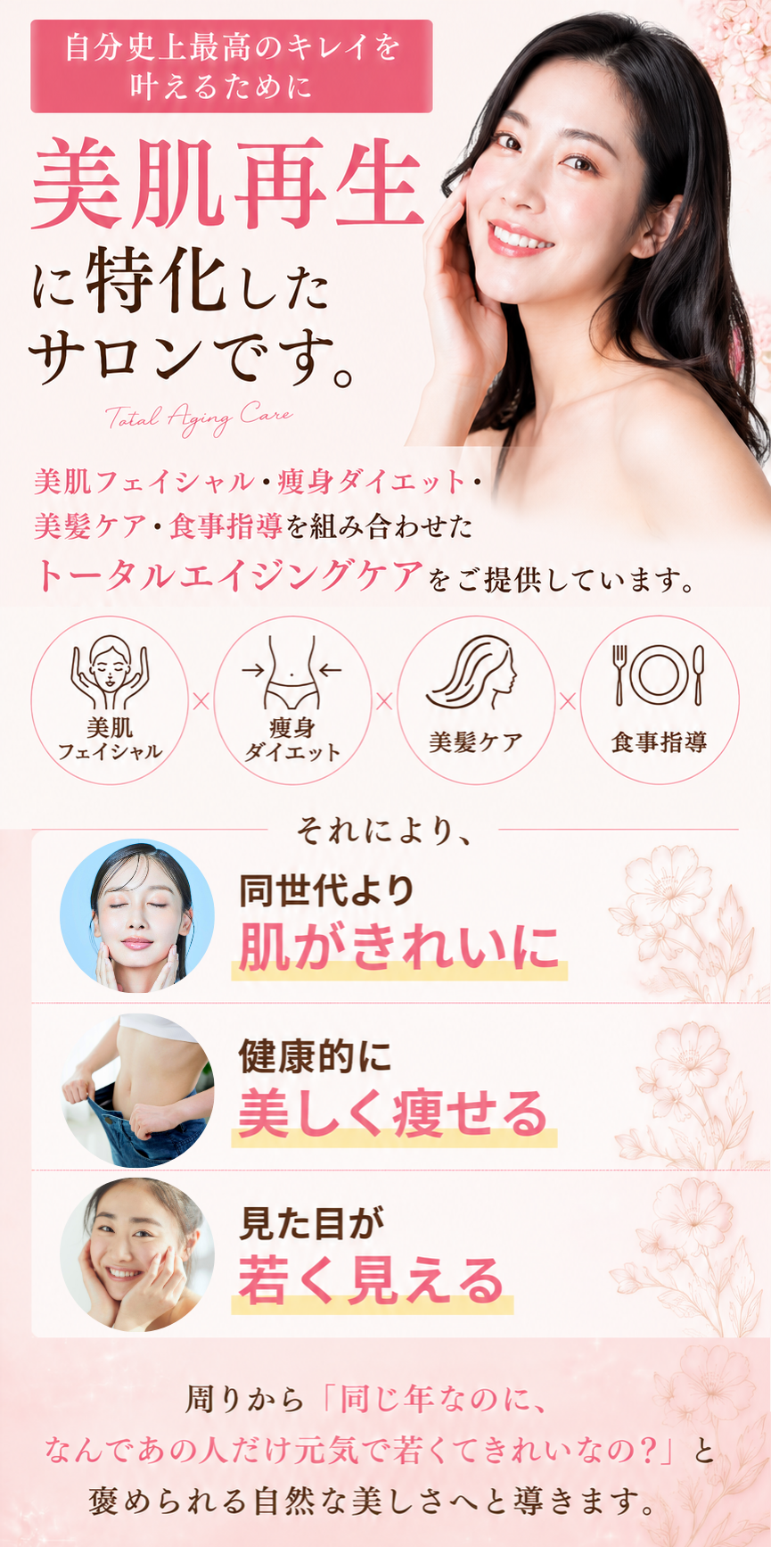 コンセプトの画像（当サロンは自分史上最高のキレイを引き出すために「美肌再生に特化」したサロンです。美肌フェイシャル・痩身ダイエット・美髪ケア・食事指導を組み合わせた トータルエイジングケアをご提供しています。 それにより、①同世代より肌がきれいに②健康的に美しく痩せる③見た目が若く見える。周りから「同じ年なのに、なんであの人だけ元気で若くてきれいなの？」と褒められる自然な美しさへと導きます。（スマホ用画像）