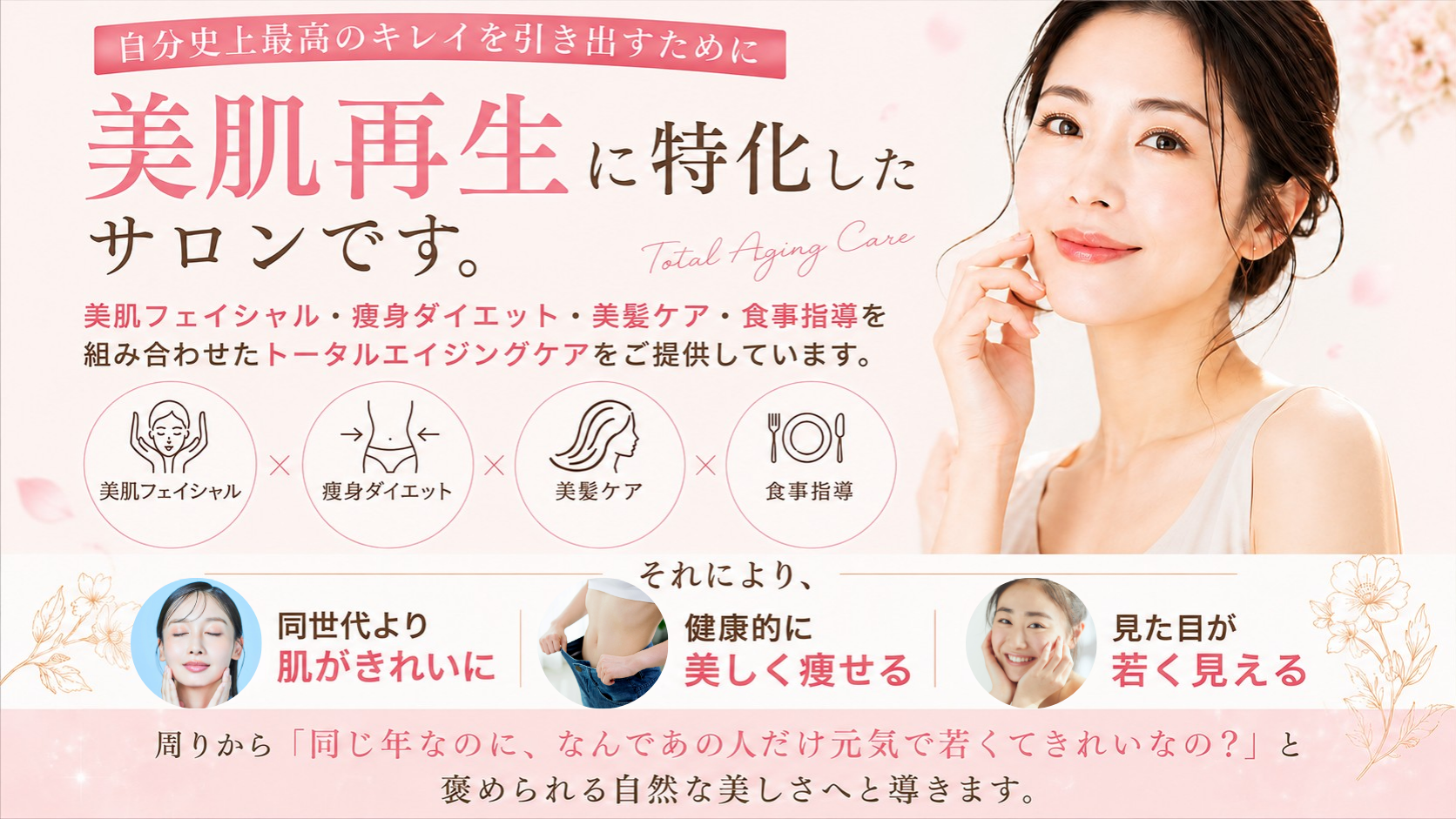 コンセプトの画像（当サロンは自分史上最高のキレイを引き出すために「美肌再生に特化」したサロンです。美肌フェイシャル・痩身ダイエット・美髪ケア・食事指導を組み合わせた トータルエイジングケアをご提供しています。 それにより、①同世代より肌がきれいに②健康的に美しく痩せる③見た目が若く見える。周りから「同じ年なのに、なんであの人だけ元気で若くてきれいなの？」と褒められる自然な美しさへと導きます。（スマホ用画像）