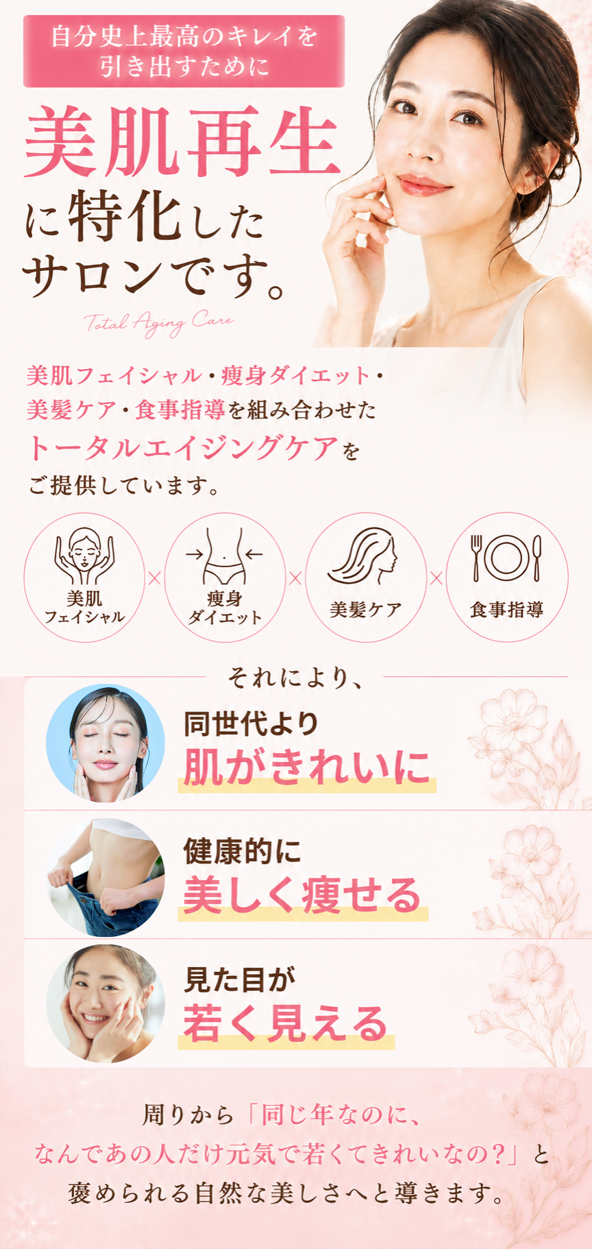 コンセプトの画像（当サロンは自分史上最高のキレイを引き出すために「美肌再生に特化」したサロンです。美肌フェイシャル・痩身ダイエット・美髪ケア・食事指導を組み合わせた トータルエイジングケアをご提供しています。 それにより、①同世代より肌がきれいに②健康的に美しく痩せる③見た目が若く見える。周りから「同じ年なのに、なんであの人だけ元気で若くてきれいなの？」と褒められる自然な美しさへと導きます。（スマホ用画像）