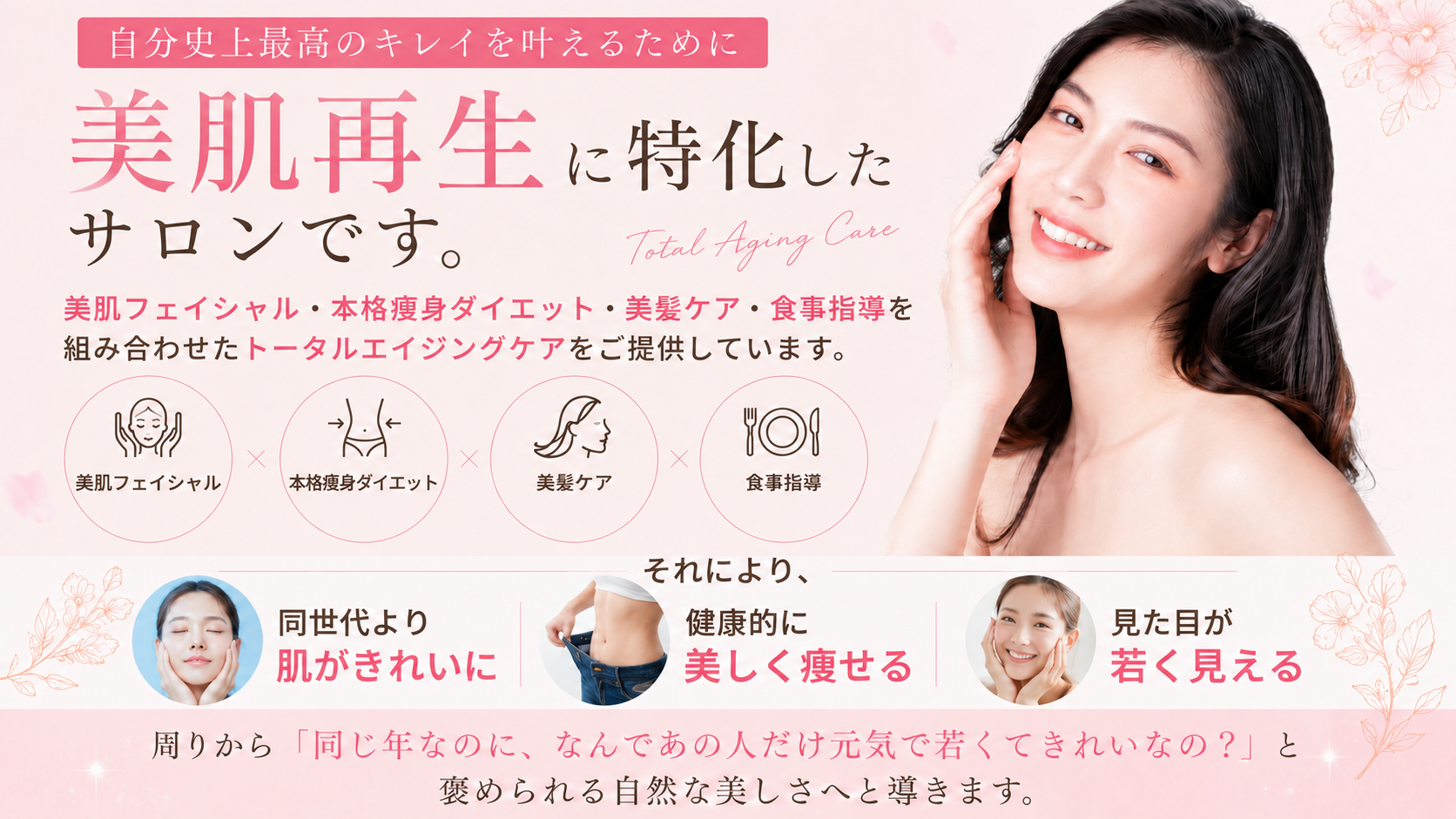 コンセプトの画像（当サロンは自分史上最高のキレイを引き出すために「美肌再生に特化」したサロンです。美肌フェイシャル・痩身ダイエット・美髪ケア・食事指導を組み合わせた トータルエイジングケアをご提供しています。 それにより、①同世代より肌がきれいに②健康的に美しく痩せる③見た目が若く見える。周りから「同じ年なのに、なんであの人だけ元気で若くてきれいなの？」と褒められる自然な美しさへと導きます。（パソコン用画像）