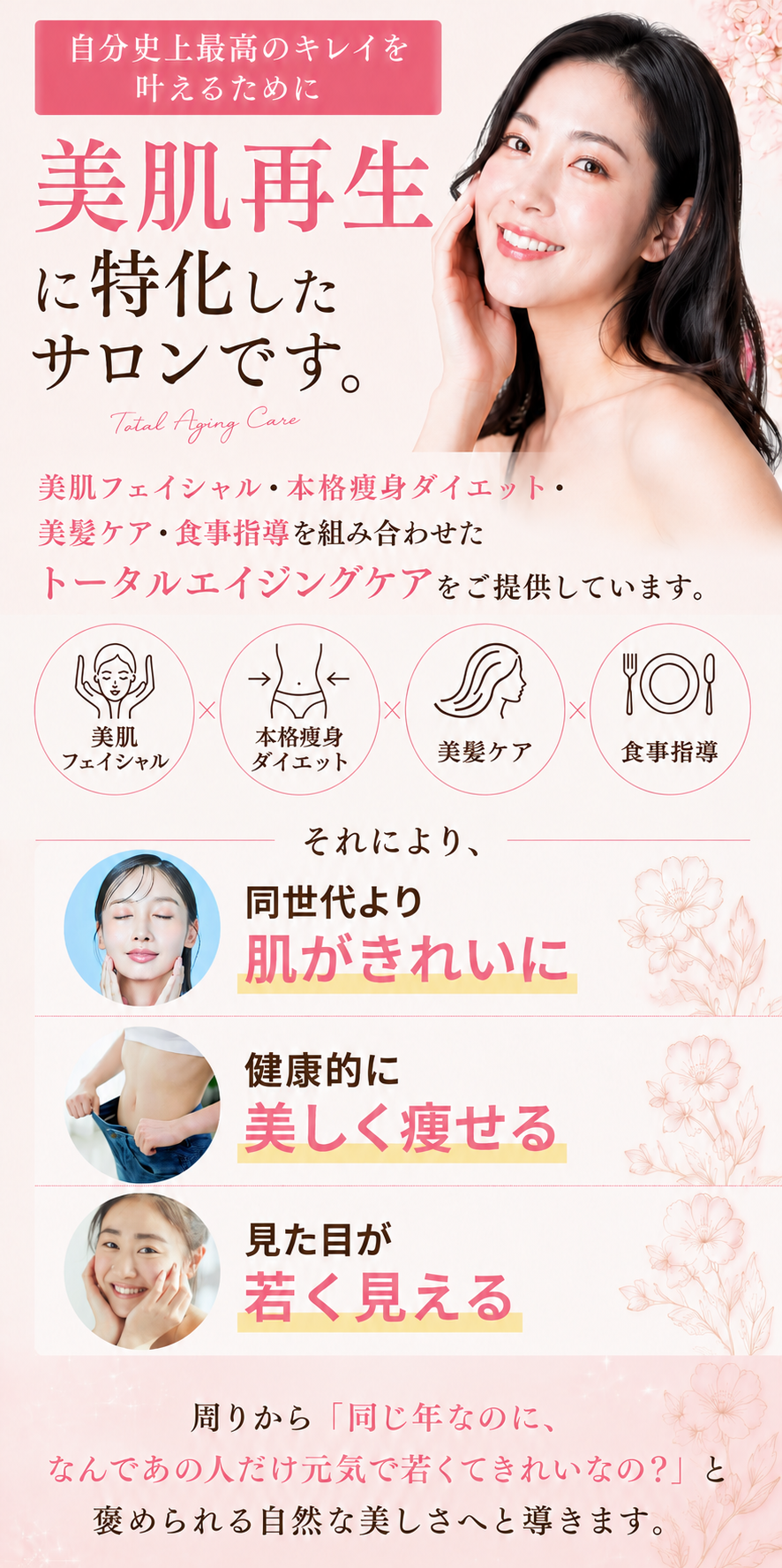 コンセプトの画像（当サロンは自分史上最高のキレイを引き出すために「美肌再生に特化」したサロンです。美肌フェイシャル・痩身ダイエット・美髪ケア・食事指導を組み合わせた トータルエイジングケアをご提供しています。 それにより、①同世代より肌がきれいに②健康的に美しく痩せる③見た目が若く見える。周りから「同じ年なのに、なんであの人だけ元気で若くてきれいなの？」と褒められる自然な美しさへと導きます。（スマホ用画像）