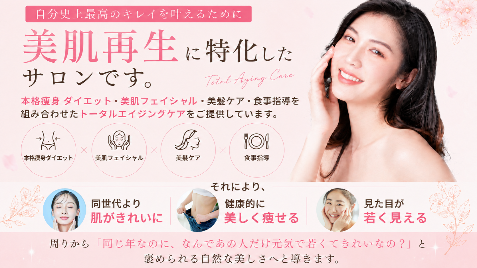 コンセプトの画像（当サロンは自分史上最高のキレイを引き出すために「美肌再生に特化」したサロンです。美肌フェイシャル・痩身ダイエット・美髪ケア・食事指導を組み合わせた トータルエイジングケアをご提供しています。 それにより、①同世代より肌がきれいに②健康的に美しく痩せる③見た目が若く見える。周りから「同じ年なのに、なんであの人だけ元気で若くてきれいなの？」と褒められる自然な美しさへと導きます。（パソコン用画像）