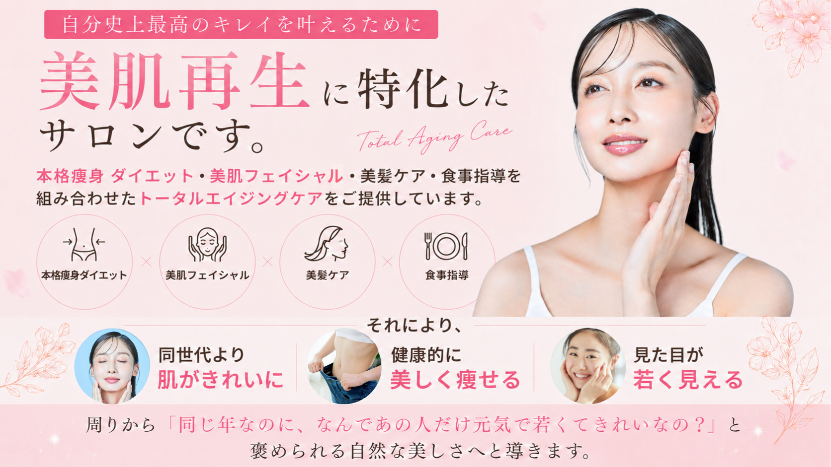 コンセプトの画像（当サロンは自分史上最高のキレイを引き出すために「美肌再生に特化」したサロンです。美肌フェイシャル・痩身ダイエット・美髪ケア・食事指導を組み合わせた トータルエイジングケアをご提供しています。 それにより、①同世代より肌がきれいに②健康的に美しく痩せる③見た目が若く見える。周りから「同じ年なのに、なんであの人だけ元気で若くてきれいなの？」と褒められる自然な美しさへと導きます。（パソコン用画像）